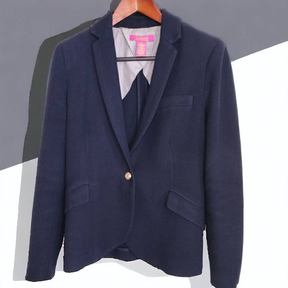 Catherine Womens Blazer Sz 8 Navy Blue Textured Jacket Summer‎ Spring Lining